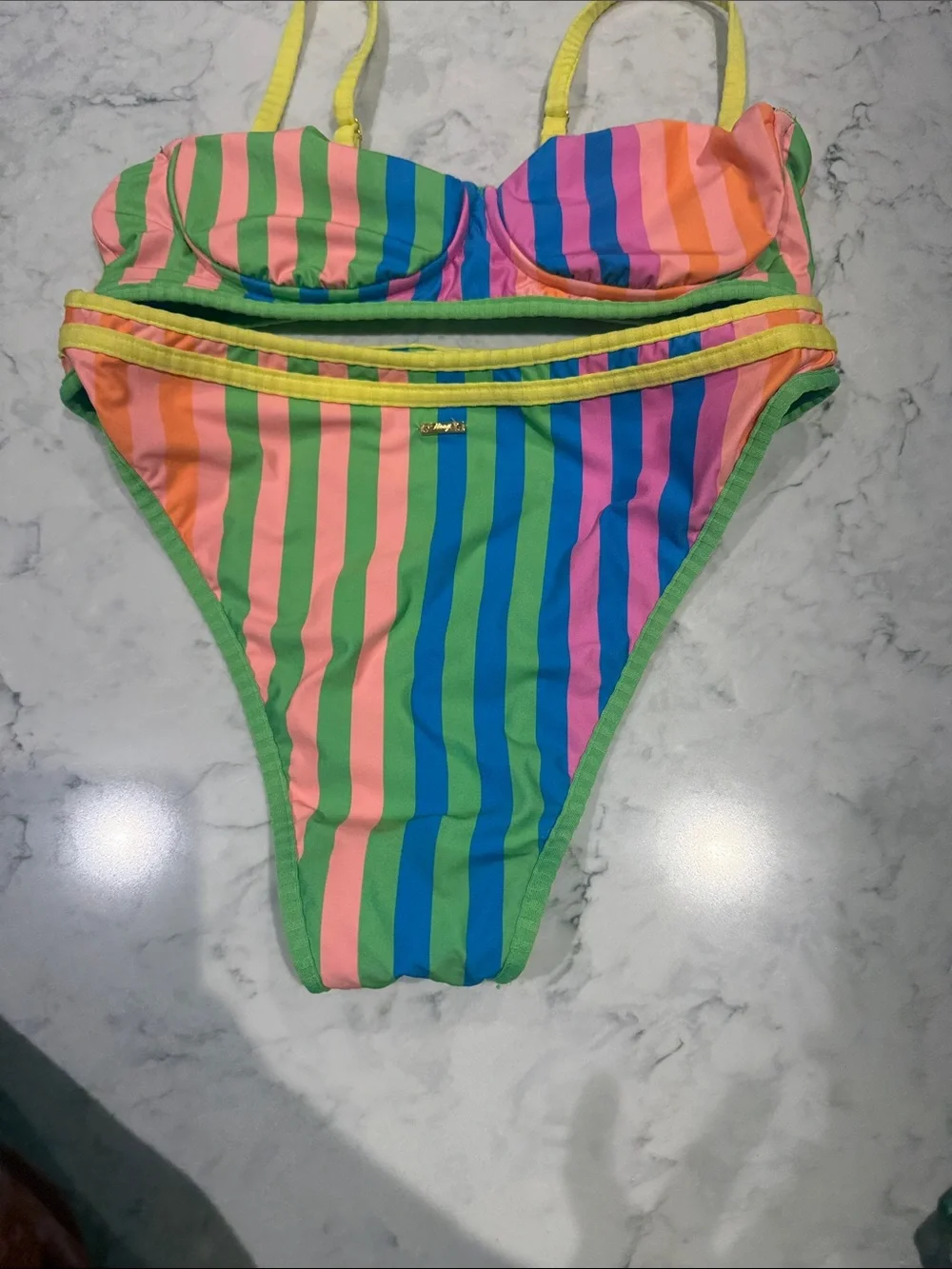 Maaji Neon Rainbow Striped Girls' Bikini - Yellow, Pink, Green, Blue